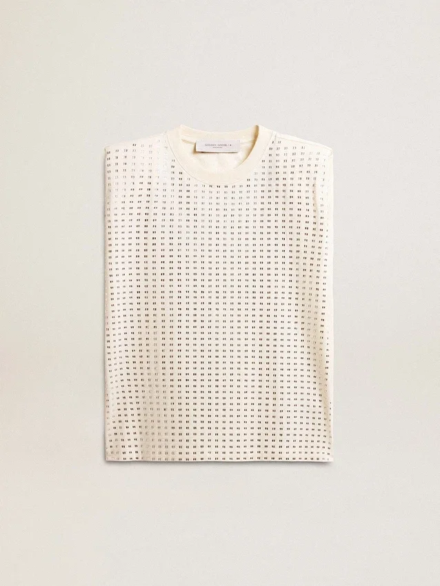 Weiss gealtertes, ärmelloses T-Shirt mit Kristallverzierung