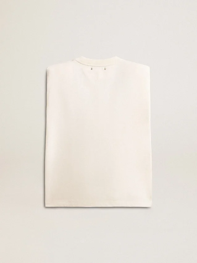 Weiss gealtertes, ärmelloses T-Shirt mit Kristallverzierung