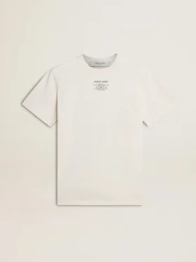 Weiss geträgtes Baumwoll-T-Shirt für Damen mit schwarzer Aufschrift