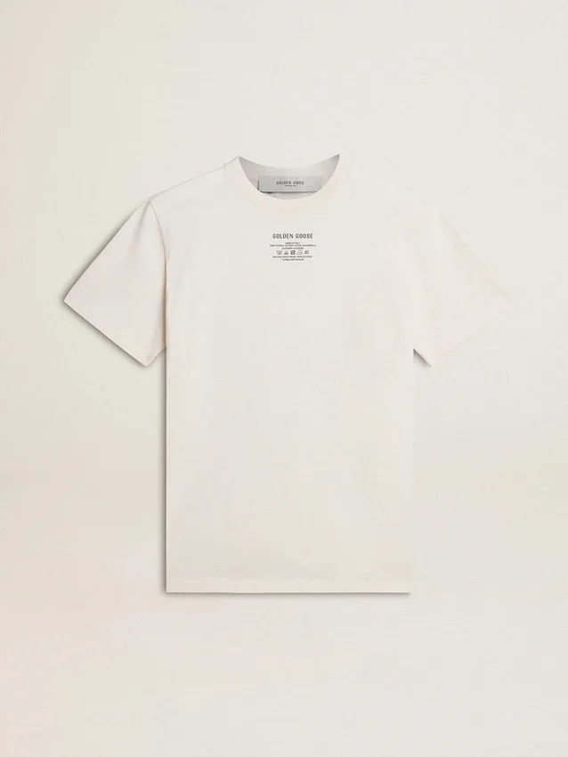 Weiss geträgtes Baumwoll-T-Shirt für Damen mit schwarzer Aufschrift