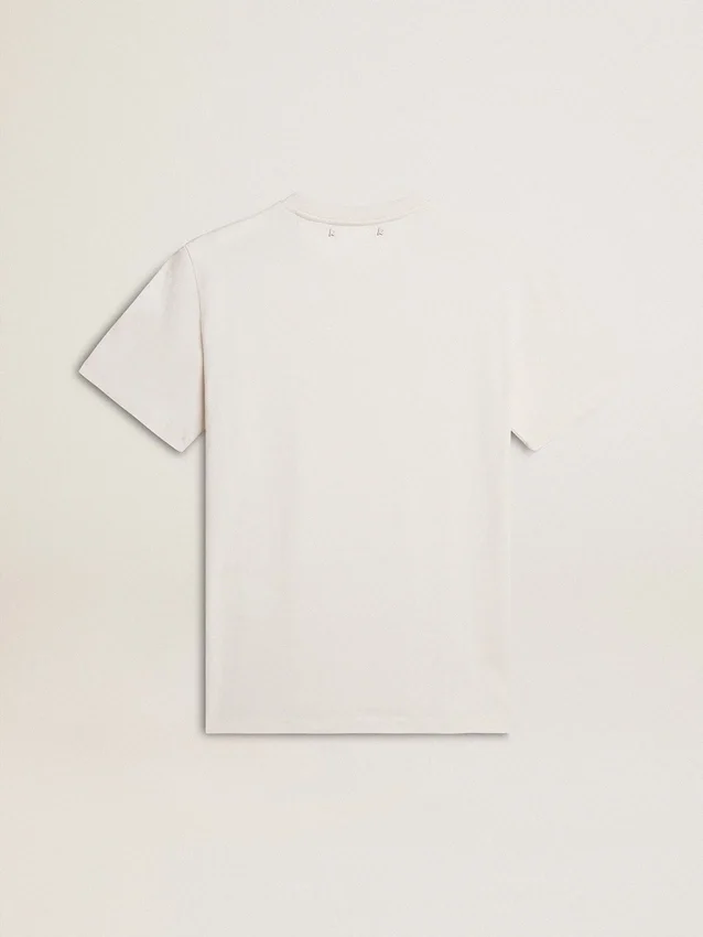 Weiss geträgtes Baumwoll-T-Shirt für Damen mit schwarzer Aufschrift