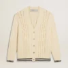 Weisse Herren-Strickjacke aus Baumwolle mit Zopfmuster und blauen Rippen