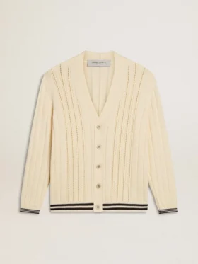 Weisse Herren-Strickjacke aus Baumwolle mit Zopfmuster und blauen Rippen