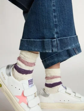 Weisse Kindersocken mit rosa und lila Streifen