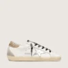 Weisse Super-Star-Damensneaker aus Leder mit glitzernder Fersenlasche