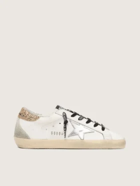 Weisse Super-Star-Damensneaker aus Leder mit glitzernder Fersenlasche