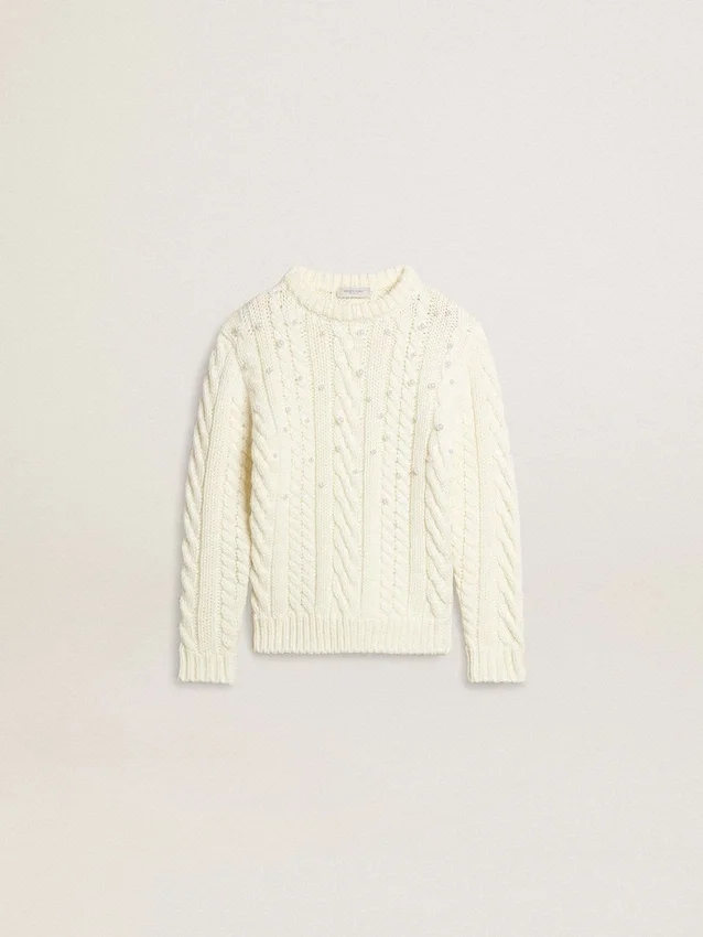 Weisser Wollpullover für Mädchen mit Perlen