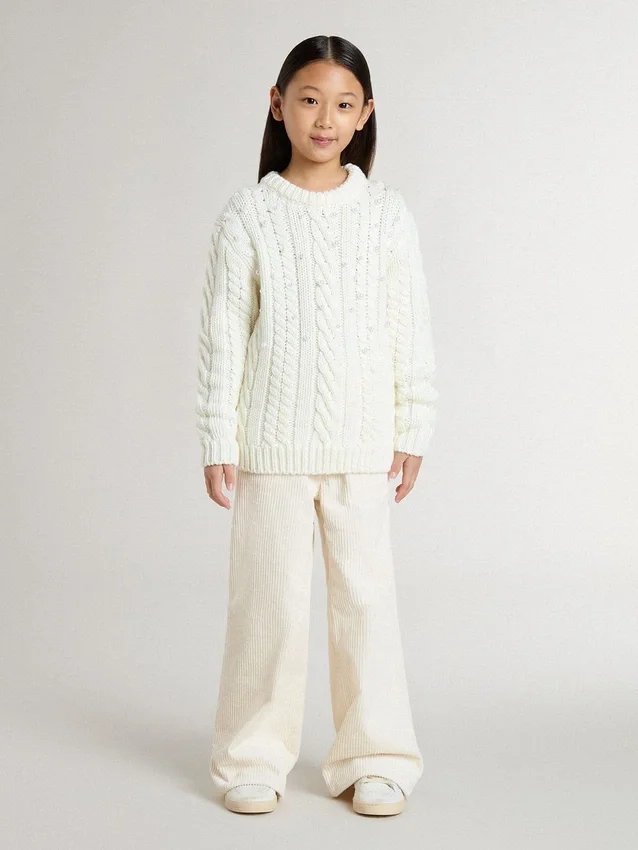 Weisser Wollpullover für Mädchen mit Perlen