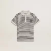 Weisses Baumwoll-Polo für Jungen mit marineblauen Streifen und Stickerei