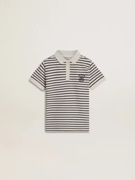 Weisses Baumwoll-Polo für Jungen mit marineblauen Streifen und Stickerei