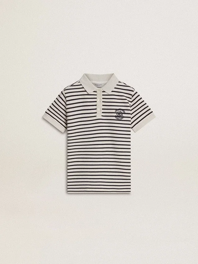 Weisses Baumwoll-Polo für Jungen mit marineblauen Streifen und Stickerei