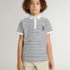 Weisses Baumwoll-Polo für Jungen mit marineblauen Streifen und Stickerei