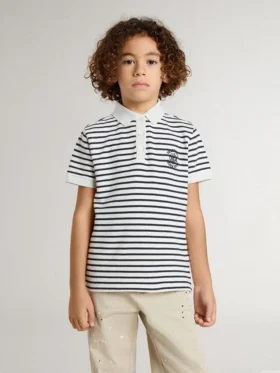 Weisses Baumwoll-Polo für Jungen mit marineblauen Streifen und Stickerei