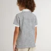 Weisses Baumwoll-Polo für Jungen mit marineblauen Streifen und Stickerei