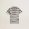 Weisses Baumwoll-Polo für Jungen mit marineblauen Streifen und Stickerei
