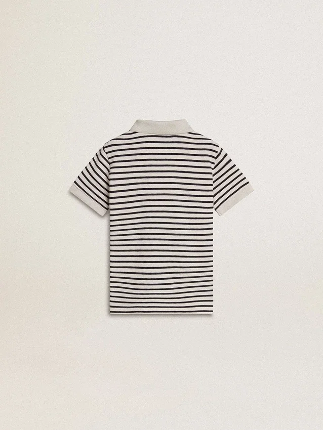 Weisses Baumwoll-Polo für Jungen mit marineblauen Streifen und Stickerei