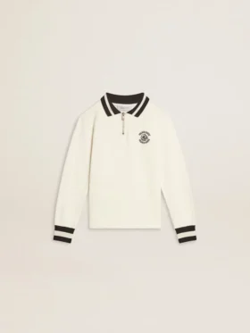Weisses Baumwoll-Polo-Sweatshirt für Kinder mit Stickerei auf der Brust und Aufdruck auf dem Rücken