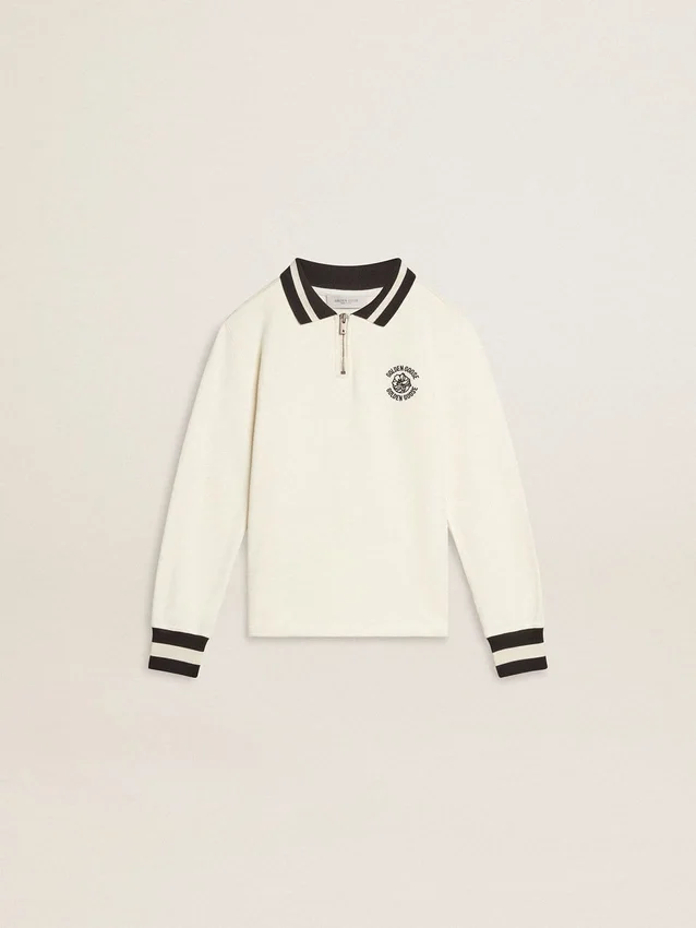 Weisses Baumwoll-Polo-Sweatshirt für Kinder mit Stickerei auf der Brust und Aufdruck auf dem Rücken