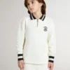 Weisses Baumwoll-Polo-Sweatshirt für Kinder mit Stickerei auf der Brust und Aufdruck auf dem Rücken