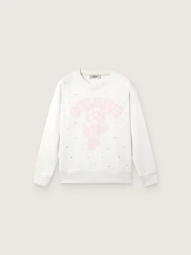 Weisses Baumwoll-Sweatshirt mit Rundhalsausschnitt für Mädchen von Journey mit Maskottchen-Print und Kristallapplikationen