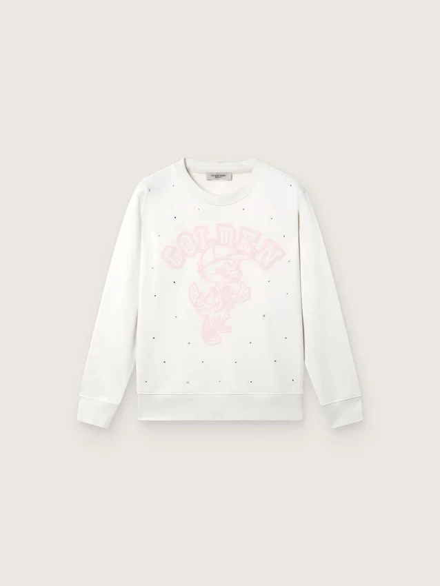 Weisses Baumwoll-Sweatshirt mit Rundhalsausschnitt für Mädchen von Journey mit Maskottchen-Print und Kristallapplikationen