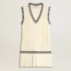 Weisses Baumwoll-Westenkleid für Damen im Used-Look mit dunkelblauen Rippbündchen und Kristallen