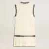 Weisses Baumwoll-Westenkleid für Damen im Used-Look mit dunkelblauen Rippbündchen und Kristallen
