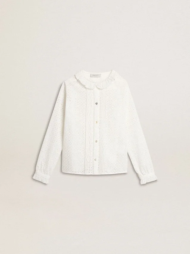 Weisses Baumwollhemd für Mädchen mit Broderie-Anglaise-Stickerei