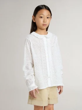 Weisses Baumwollhemd für Mädchen mit Broderie-Anglaise-Stickerei