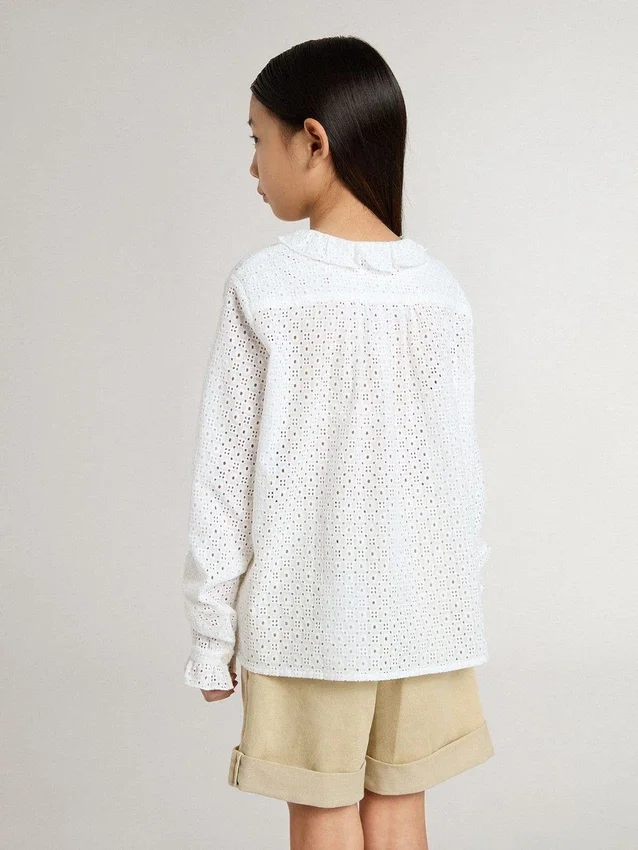 Weisses Baumwollhemd für Mädchen mit Broderie-Anglaise-Stickerei