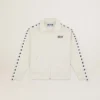 Weisses Damen-Sweatshirt mit Reissverschluss, weissem Streifen und schwarzen Sternen