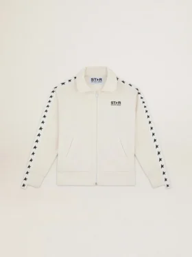 Weisses Damen-Sweatshirt mit Reissverschluss, weissem Streifen und schwarzen Sternen