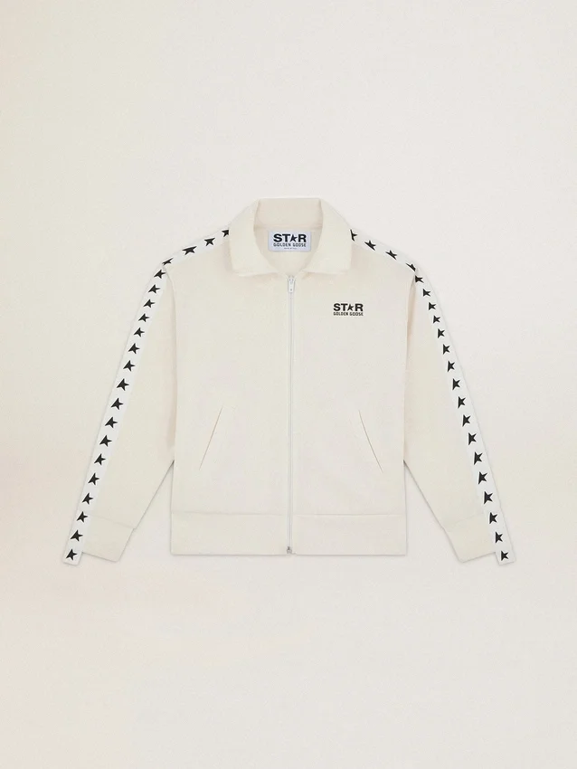 Weisses Damen-Sweatshirt mit Reissverschluss, weissem Streifen und schwarzen Sternen