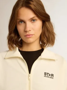 Weisses Damen-Sweatshirt mit Reissverschluss, weissem Streifen und schwarzen Sternen