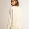 Weisses Damen-Sweatshirt mit Reissverschluss, weissem Streifen und schwarzen Sternen