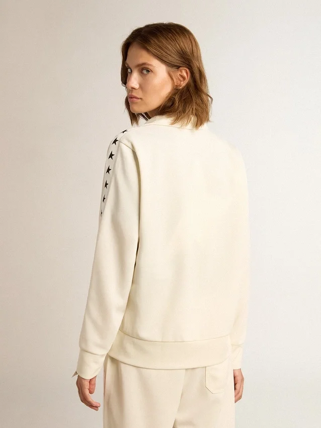 Weisses Damen-Sweatshirt mit Reissverschluss, weissem Streifen und schwarzen Sternen