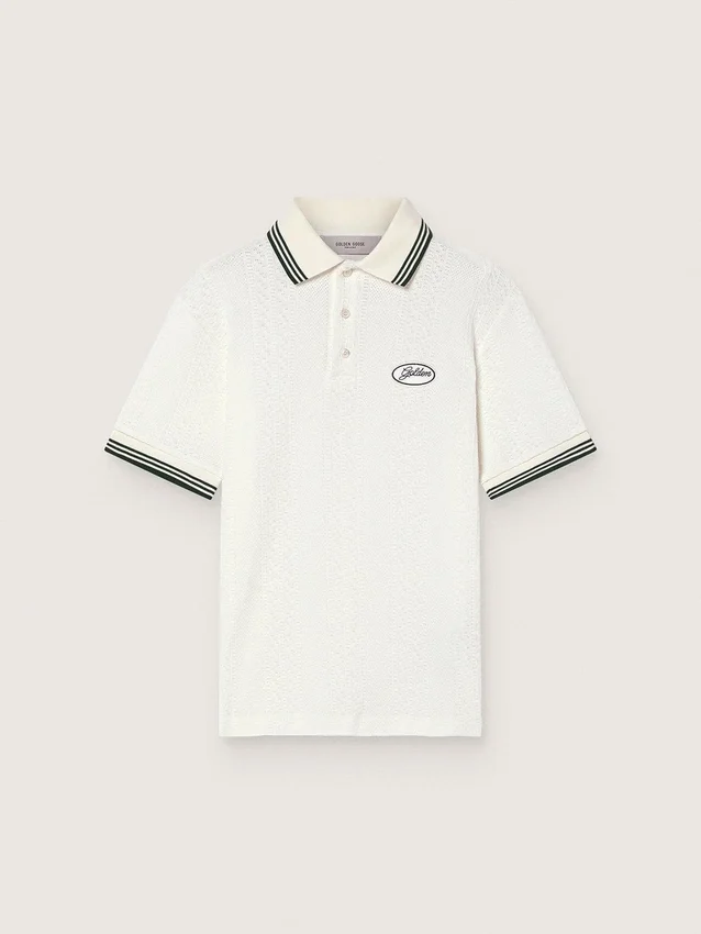 Weisses Herren-Polohemd aus Baumwolle mit durchbrochenem Jacquard-Muster