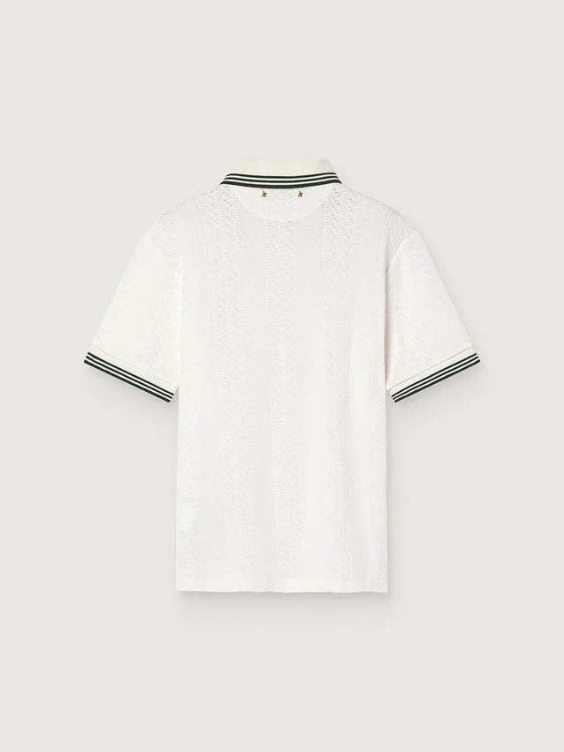 Weisses Herren-Polohemd aus Baumwolle mit durchbrochenem Jacquard-Muster