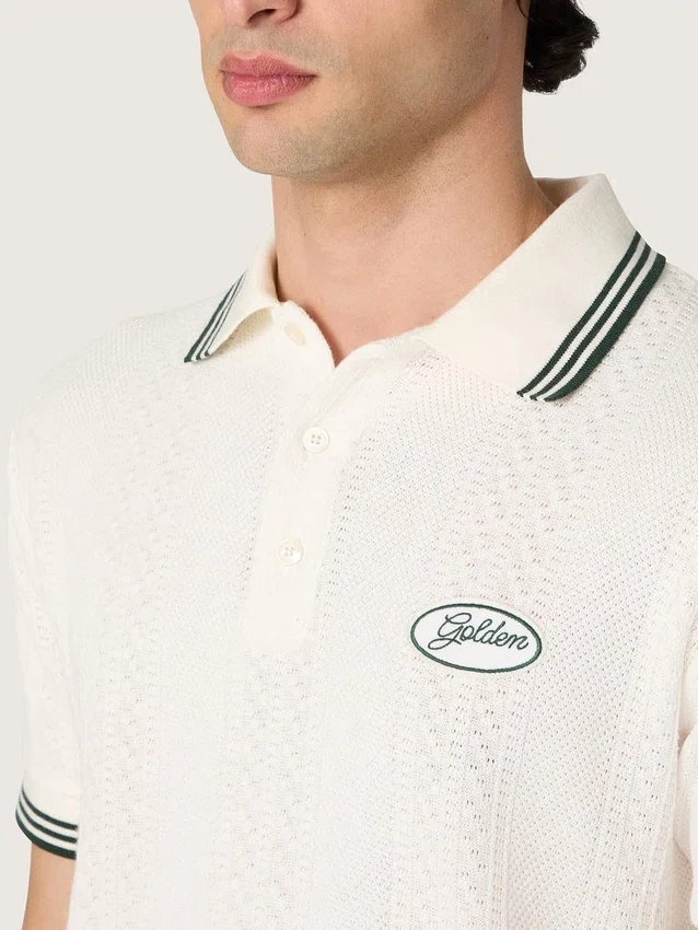 Weisses Herren-Polohemd aus Baumwolle mit durchbrochenem Jacquard-Muster