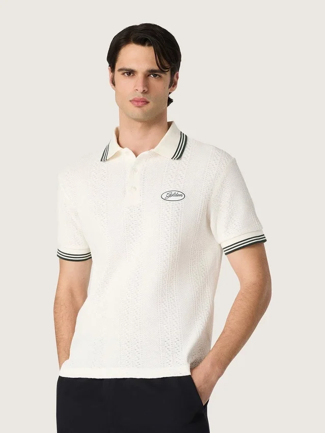 Weisses Herren-Polohemd aus Baumwolle mit durchbrochenem Jacquard-Muster