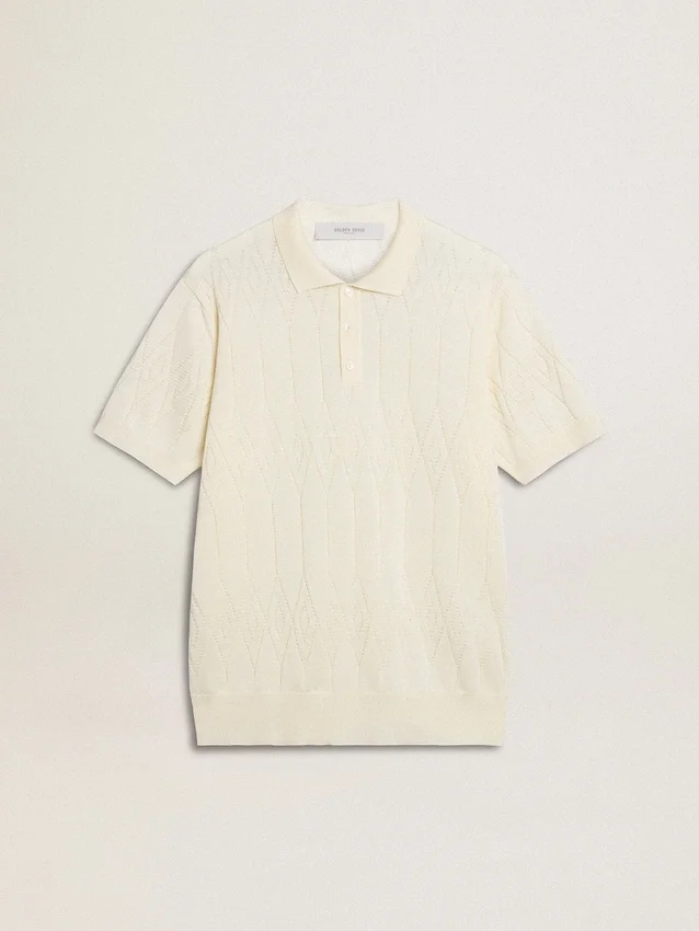 Weisses Jacquard-Strick-Polohemd für Herren
