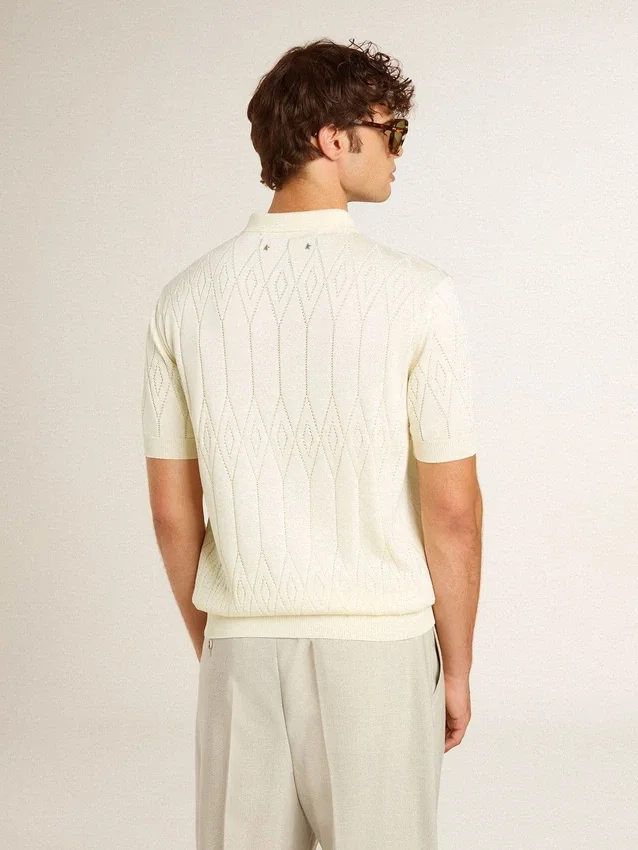 Weisses Jacquard-Strick-Polohemd für Herren