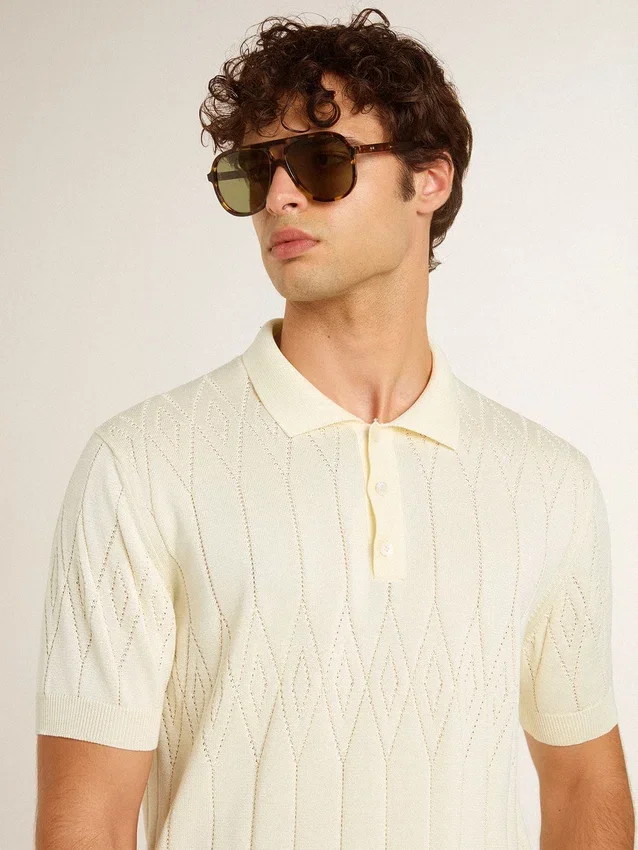Weisses Jacquard-Strick-Polohemd für Herren