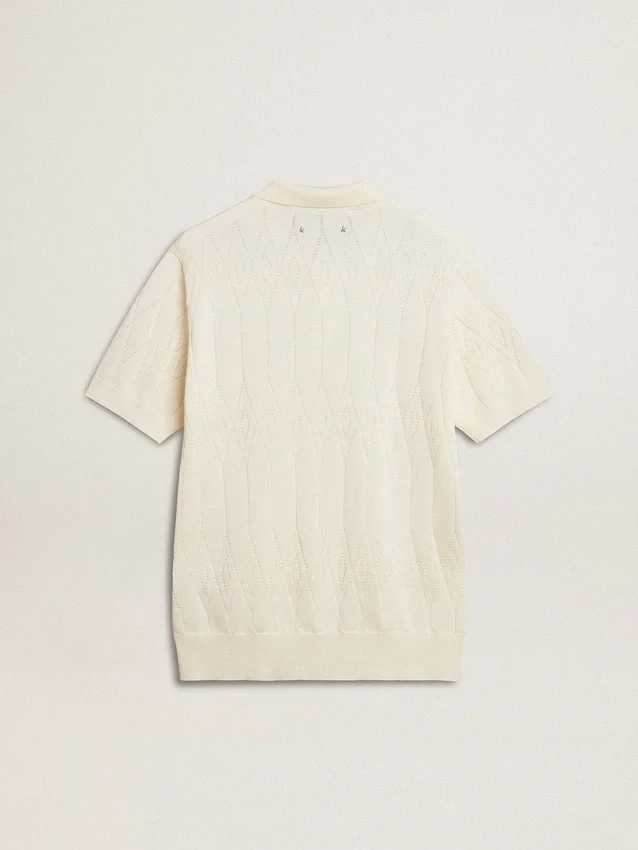 Weisses Jacquard-Strick-Polohemd für Herren
