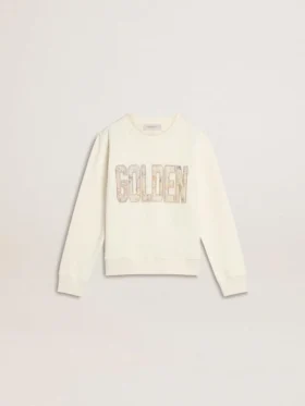 Weisses Sweatshirt für Mädchen mit mehrfarbigem goldenem Schriftzug auf der Vorderseite