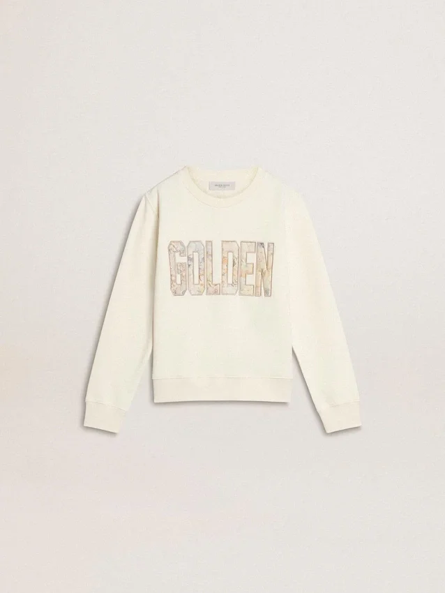 Weisses Sweatshirt für Mädchen mit mehrfarbigem goldenem Schriftzug auf der Vorderseite