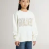 Weisses Sweatshirt für Mädchen mit mehrfarbigem goldenem Schriftzug auf der Vorderseite