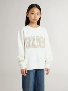 Weisses Sweatshirt für Mädchen mit mehrfarbigem goldenem Schriftzug auf der Vorderseite
