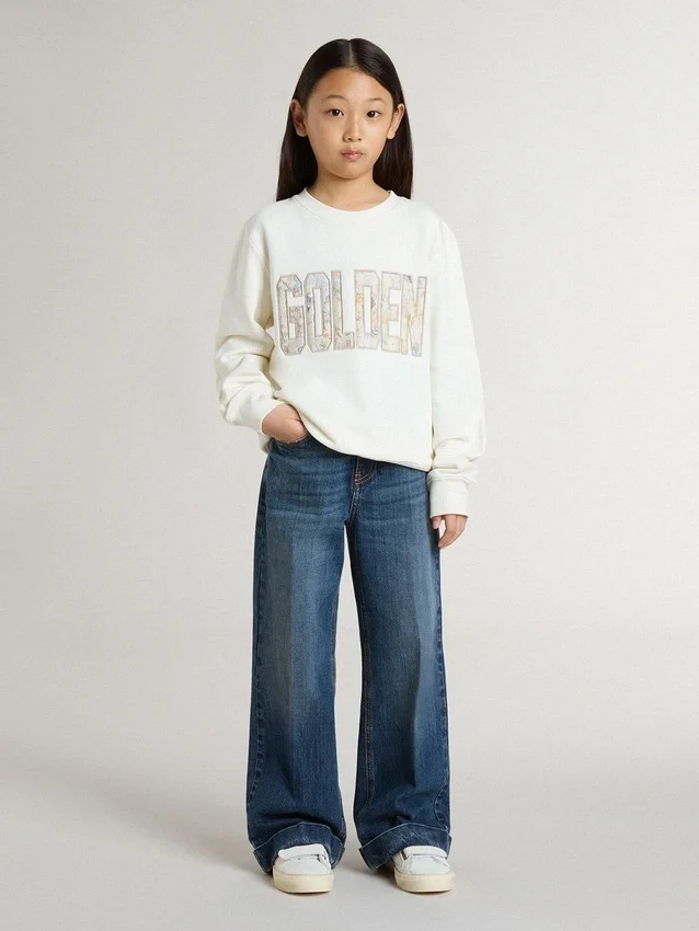 Weisses Sweatshirt für Mädchen mit mehrfarbigem goldenem Schriftzug auf der Vorderseite