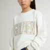 Weisses Sweatshirt für Mädchen mit mehrfarbigem goldenem Schriftzug auf der Vorderseite